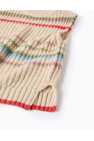 Ziddy Knitted Waistcoat with Colourful Stripes for Girls, Beige