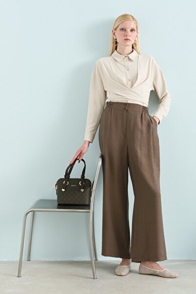 Nihan Rahat Kalıp Keten Pantolon Kahve