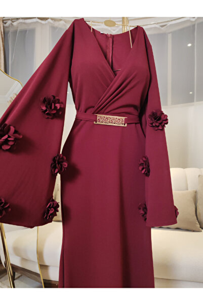 TREN Floral Applique Belted Wrap Dress - Elegant Luxe Evening Gown for Specia...