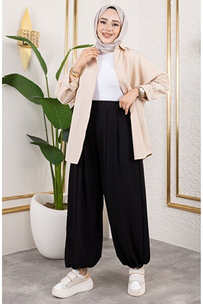 sefamerve Beli Lastikli Şalvar Pantolon 0001-01 Siyah