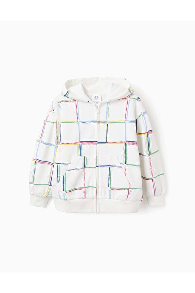 Ziddy Cotton Hooded Jacket with Colourful Motif for Girls, White