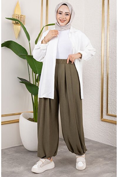 sefamerve Beli Lastikli Şalvar Pantolon 0001-08 Haki