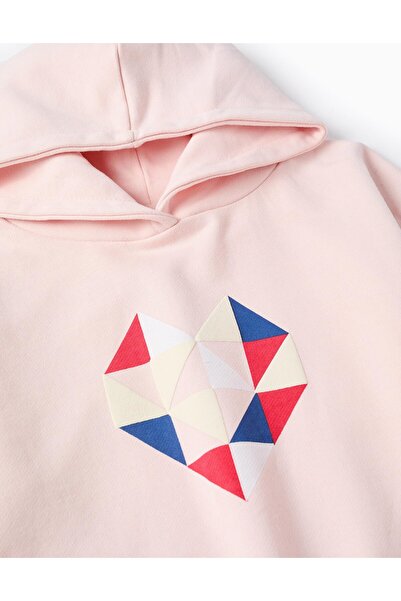 Ziddy Cotton Hooded Sweatshirt for Girls 'Triangle Heart', Light Pink