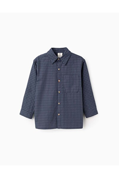Ziddy Vichy Shirt with Pocket for Boys, Dark Blue