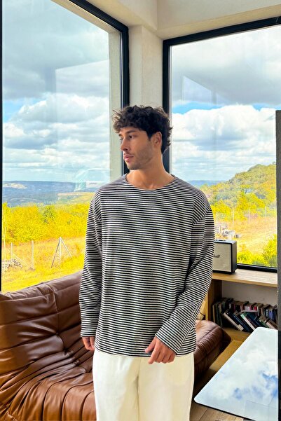 Flaw Wear Çizgili Oversize Sweatshirt Siyah