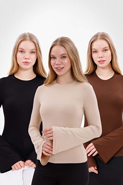 Yade Fashion Kadın İspanyol Kol Body 3’lü Set – Siyah Kahverengi Ekru