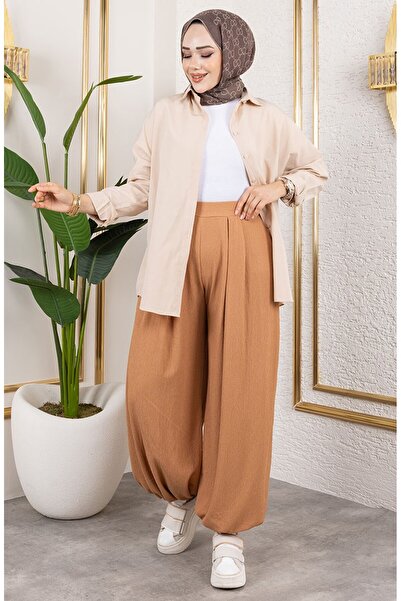 sefamerve Beli Lastikli Şalvar Pantolon 0001-06 Taba