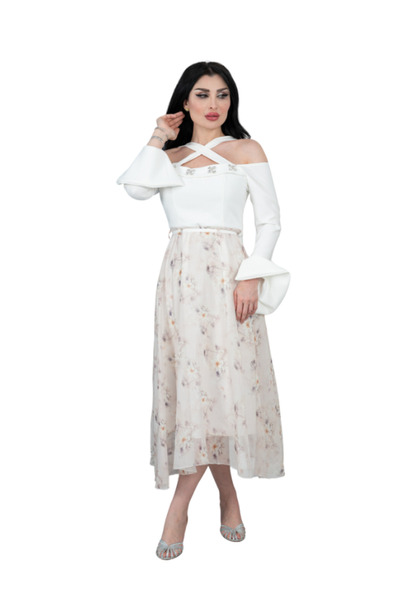 TREN Floral Print Off-Shoulder Princess Dress - Crossed Straps Elegant Formal Gown