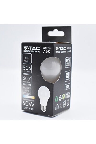 V-TAC LED Bulb V-TAC, E27, 8.5W(60W), 806 lm, cold light (6500K), opal, energy class F