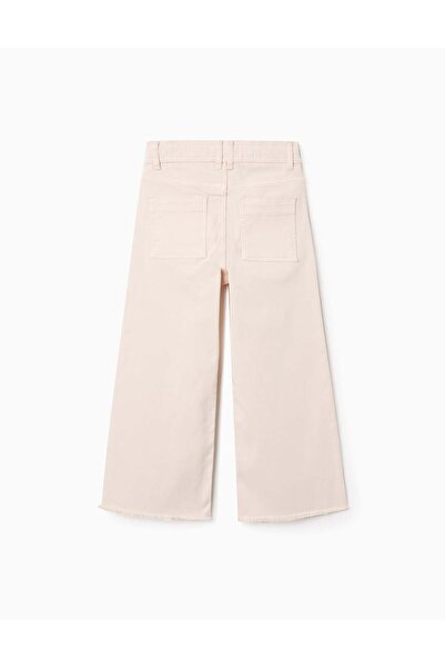 Ziddy Wide Leg Twill Trousers with Frayed Hems for Girls, Beige