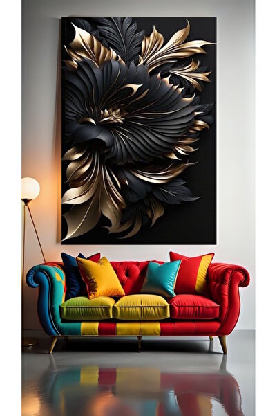 özkacar FLORI ÎN TONURI DE NEGRU ȘI AUR V1 Perete de casă Salon de înfrumuseț...
