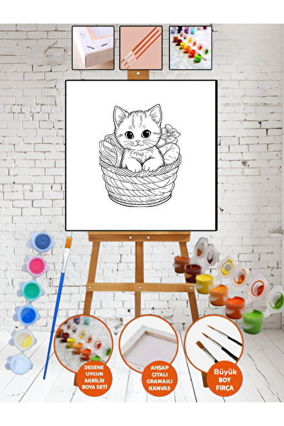 Elittablo Sayılarla Kanvas MİNNOŞ KEDİ Boyama 20x20 Tuval Fırça Etkinlik ve H...