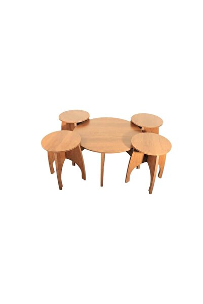 BAITY Luxury Wooden Coffee Tables Set – Round Center Table + 4 Light Brown Side Tables