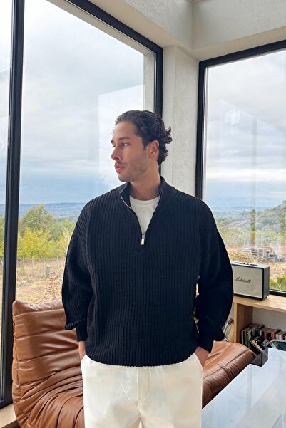 Flaw Wear Pulover negru din tricotaj cu fermoar la jumătatea gâtului, negru