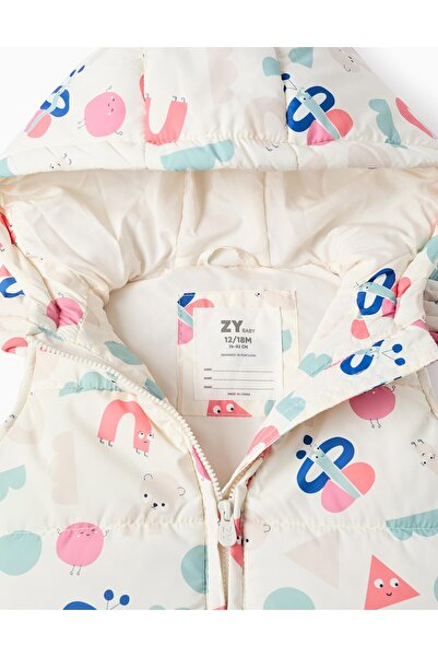 Ziddy صدرية مبطنة بغطاء رأس وكشكشة للبنات الصغيرات "أشكال"، لون بيج