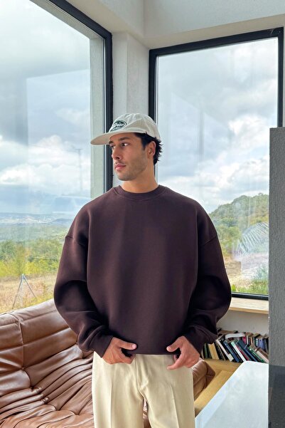 Flaw Wear Basic Bisiklet Yaka Sweatshirt Koyu Kahve