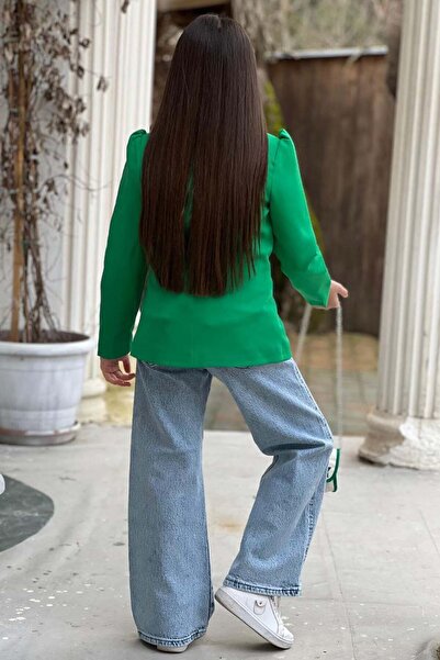 Riccotarz Girls' Printed T-Shirt Loose Fit Star Detail Jean Pants Green Blazer Jacket Bottom Top Set