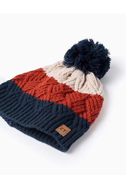 Ziddy Striped Beanie with Pom Pom for Babies and Boys, Blue/Beige/Orange