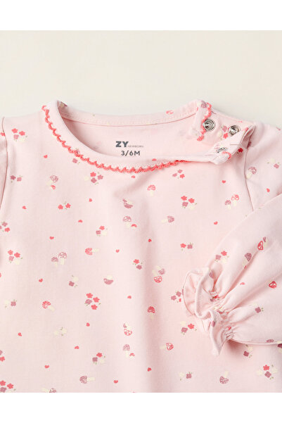 Ziddy Bodysuit with Flower and Mushroom Pattern for Newborn Girls, Pink