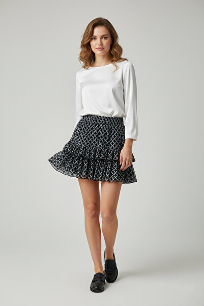 TWINTICKS Black and White Patterned Flared Mini Skirt – Stylish Elastic Waist Comfortable Casual Women's Tulle Skirt