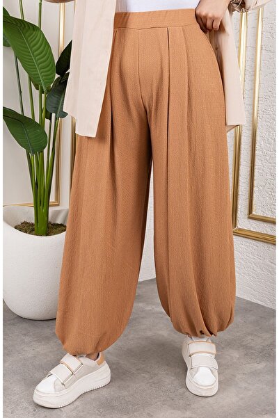 sefamerve Beli Lastikli Şalvar Pantolon 0001-06 Taba