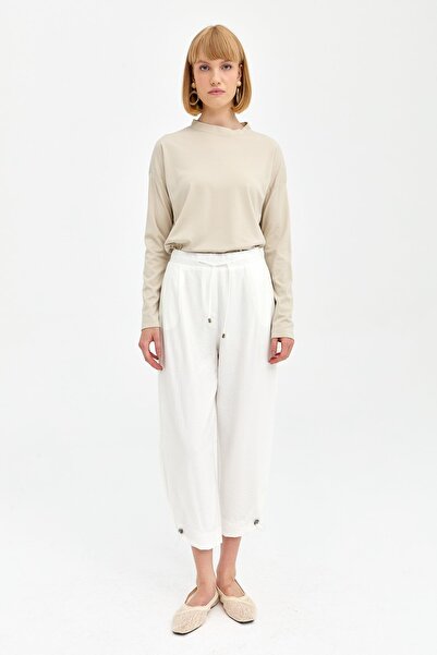 Nihan Paçası Büzgülü Pantolon Ekru