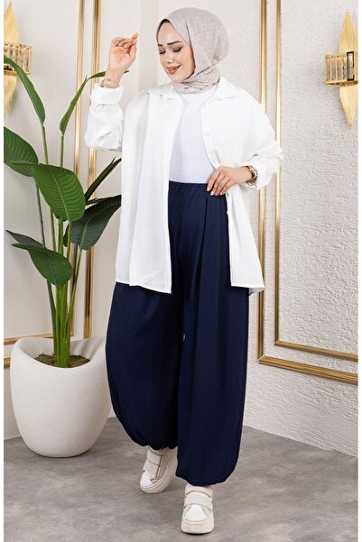 sefamerve Beli Lastikli Şalvar Pantolon 0001-07 Lacivert