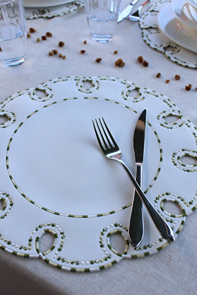 YXL HOME Set de masă rotundă de lux, din piele artificială, brodată, din 2 pi...