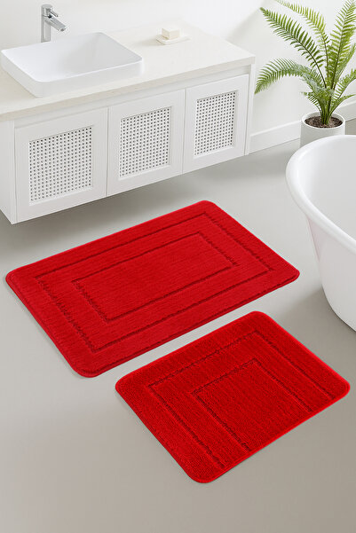 Konfor Halı Doğal Kaymaz Taban Banyo Paspas Seti Uzun Ömürlü Yumuşak Su Emici Yıkanabilir Kırmızı 50x80-50x40