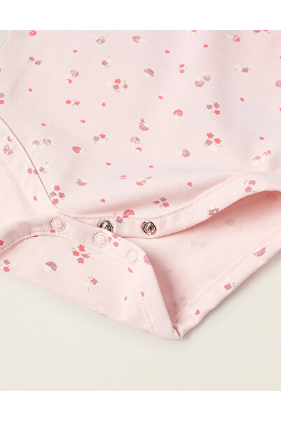 Ziddy Bodysuit with Flower and Mushroom Pattern for Newborn Girls, Pink