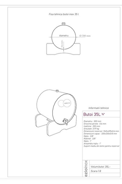 Ezio Inox Barrel, made of food-grade stainless steel, cylindrical shape, robust, with tap and support...