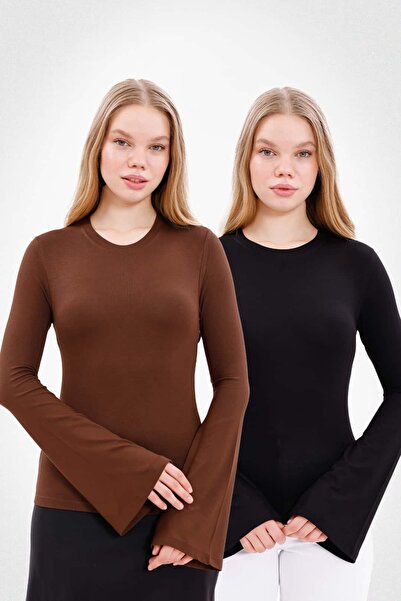 Yade Fashion Kadın İspanyol Kol Body 2’li Set – Kahverengi Siyah