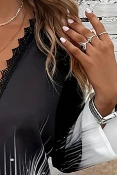 Mossta V-Neck Lace Detailed Patterned Modal Blouse - Black