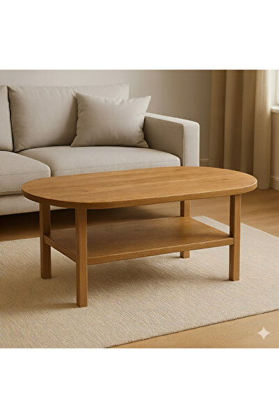 MERDEKORE El Yapımı Oval Doğal Ahşap Orta Sehpa – Alt Raflı, Modern Rustik Ta...