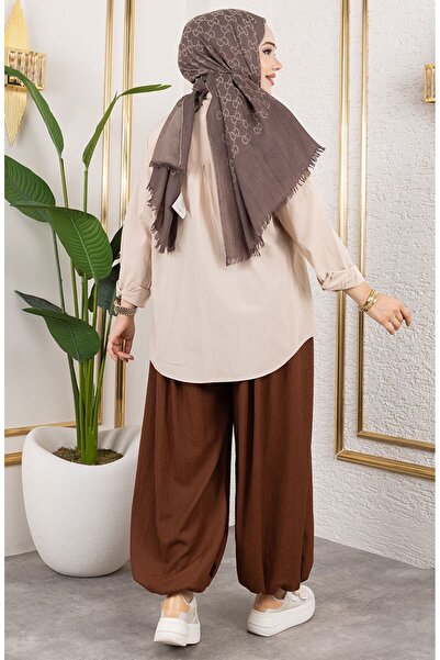 sefamerve Beli Lastikli Şalvar Pantolon 0001-02 Kahverengi