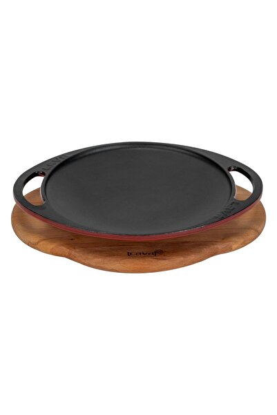 Lava Döküm Yuvarlak Saç Kavurma Tavası Döküm Demir Yekpare Çift Kulplu Kayın Servis Ahşabı Çap(Ø)20cm