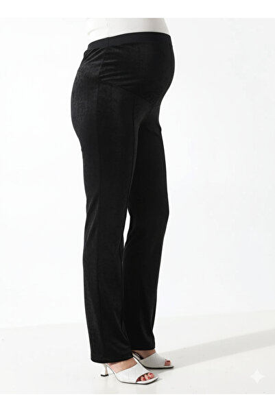 WAYS Women's Velvet Velvet Front Ribbed Black Straight Waist Adjustable Maternity Trousers