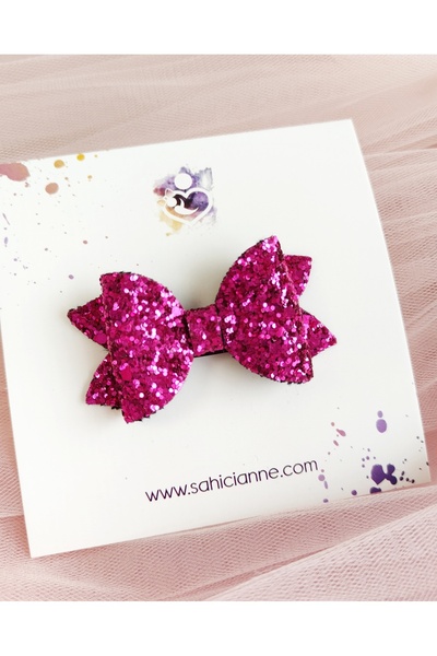 Sahici Anne Fuşya Glittery Fiyonk Saçsız Bebek Tokası, 6cm