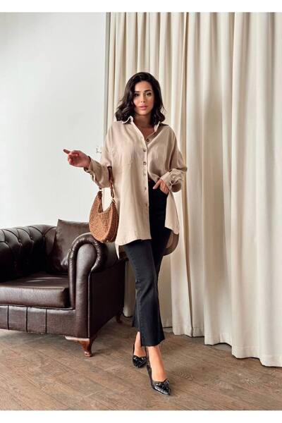 MİSSCİXFASHİON Kadın Kahverengi Oversize Salaş Uzun Kollu Gömlek – Rahat Kesim Şık Günlük Gömlek