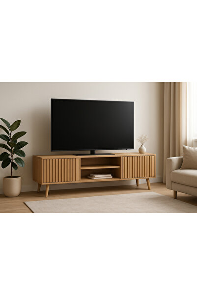 AYKOL MOBİLYA Modern TV Sehpası 180 cm Çıtalı Kapaklı Ahşap TV Ünitesi Konsol, Konik Ayaklı