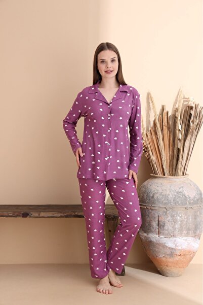 sharin Set de pijamale de iarnă pentru femei, mov, cu model, din piele intoarsa, cu guler, cu maneca lunga, moale, 1D-2354