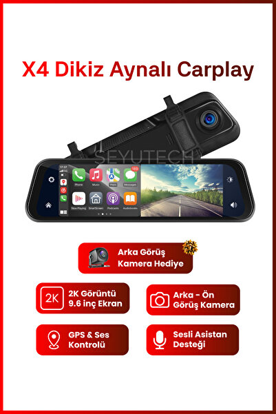SEYUTECH X4 Dikiz Aynalı Carplay Apple Android Uyumlu 9.6 inç 2K Görüntü Arka/Ön Görüş Kameralı Araç Ekranı
