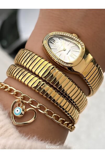 Reward Stone Snake Watch from Thick to Thin (2 Rounds), Small Case (24 Diameter), 3 Atm Gold Steel Band, Bracelet