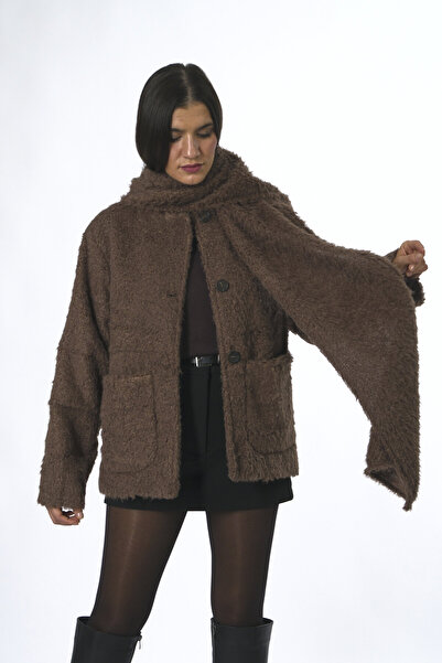 ABBRA Γυναικείο βελούδινο παλτό με αφαιρούμενο σάλι