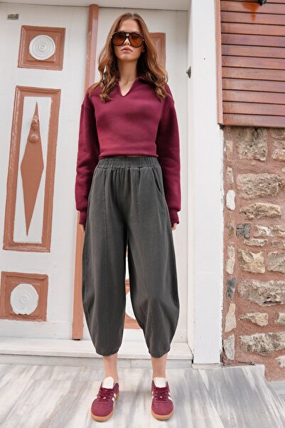 VAGGON Women's Anthracite Elastic Waist Balloon Cut Gabardine Trousers Vs01212