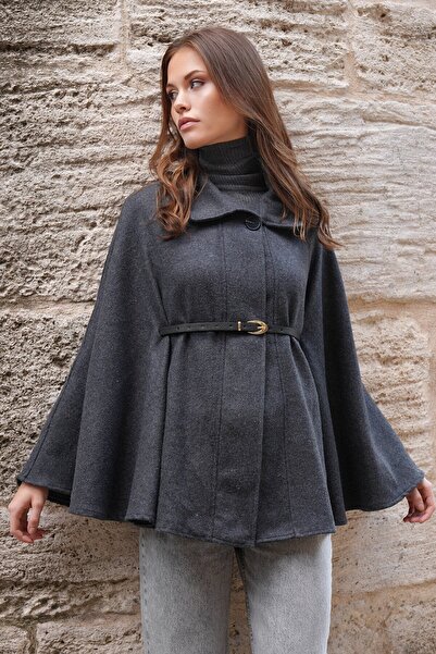 VAGGON Women's Anthracite Button Closure Belted Cashmere Cape Vs01219