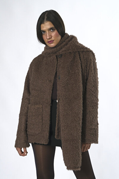 ABBRA Γυναικείο βελούδινο παλτό με αφαιρούμενο σάλι