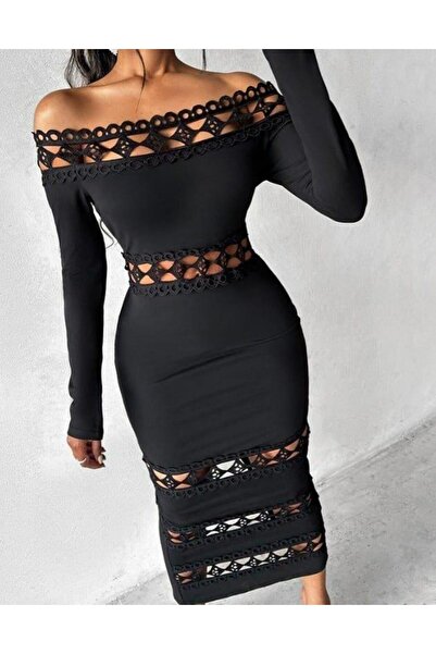 Genel Markalar Kadın Uzun Kollu Madonna Dantel Yaka Yırtmaçlı Midi Dalgıç Elbise