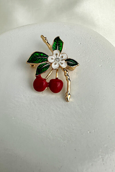 Modex Altın Sarısı Yaprak Ve Çiçek Detay Mineli Kiraz Broş (4cm)