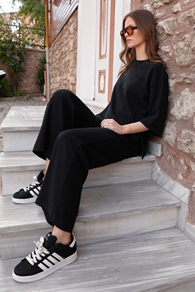 VAGGON Γυναικεία μαύρη πλεκτή μπλούζα με λαιμόκοψη και παντελόνι Palazzo Vs01224